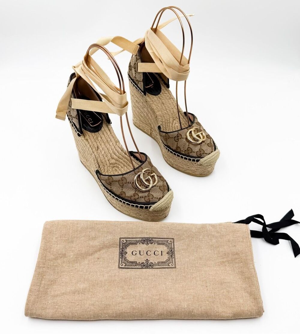 Gucci GG Espadrille Wedge Sandal EU 38 US 8 Monogram Canvas Ankle Wrap